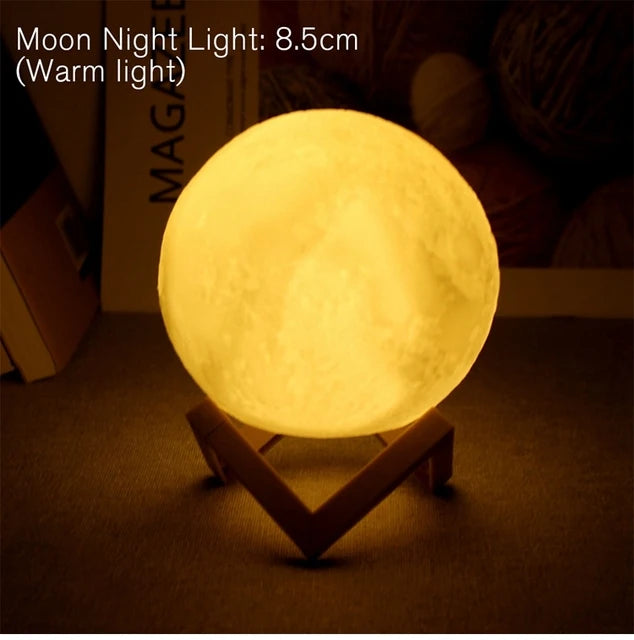 LED Night Light 3D Printing Moon Lamp 8cm Battery Powered with Bracket Starlight Bedroom Decorative Table Lamp