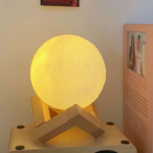 LED Night Light 3D Printing Moon Lamp 8cm Battery Powered with Bracket Starlight Bedroom Decorative Table Lamp