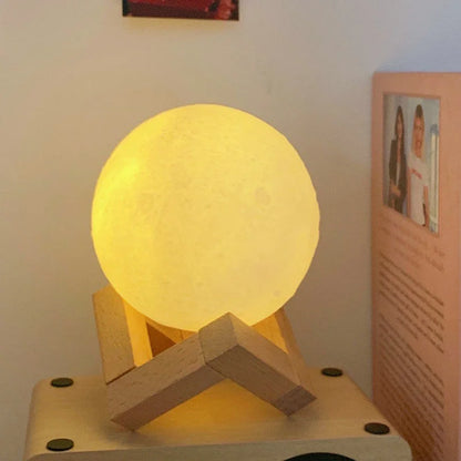 LED Night Light 3D Printing Moon Lamp 8cm Battery Powered with Bracket Starlight Bedroom Decorative Table Lamp