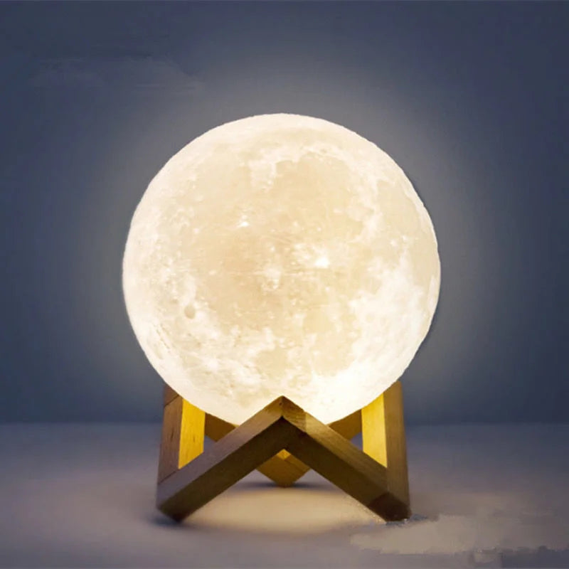 LED Night Light 3D Printing Moon Lamp 8cm Battery Powered with Bracket Starlight Bedroom Decorative Table Lamp