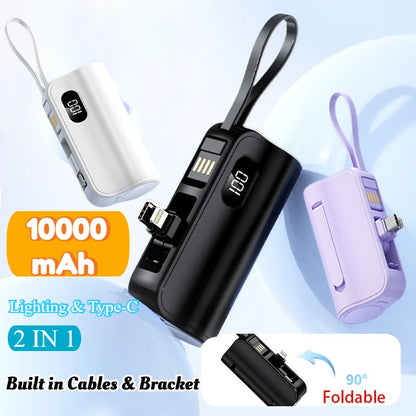 New 10000mAh Mini Power Bank Portable Charger Capsule PowerBank Built-in Cables Fast Charging External Battery for IPhone Xiaomi