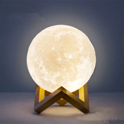 LED Night Light 3D Printing Moon Lamp 8cm Battery Powered with Bracket Starlight Bedroom Decorative Table Lamp