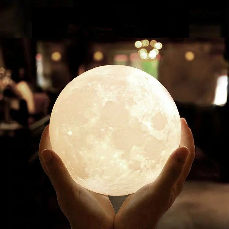 LED Night Light 3D Printing Moon Lamp 8cm Battery Powered with Bracket Starlight Bedroom Decorative Table Lamp