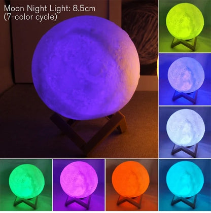 LED Night Light 3D Printing Moon Lamp 8cm Battery Powered with Bracket Starlight Bedroom Decorative Table Lamp