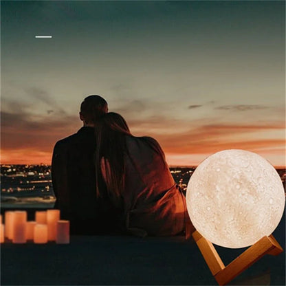 LED Night Light 3D Printing Moon Lamp 8cm Battery Powered with Bracket Starlight Bedroom Decorative Table Lamp