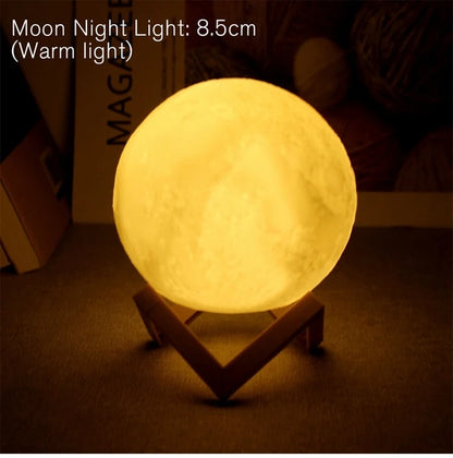 LED Night Light 3D Printing Moon Lamp 8cm Battery Powered with Bracket Starlight Bedroom Decorative Table Lamp