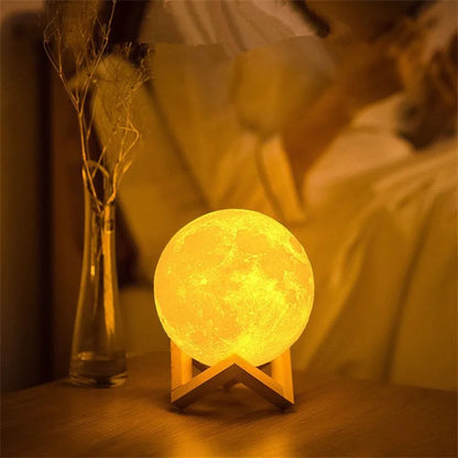 LED Night Light 3D Printing Moon Lamp 8cm Battery Powered with Bracket Starlight Bedroom Decorative Table Lamp