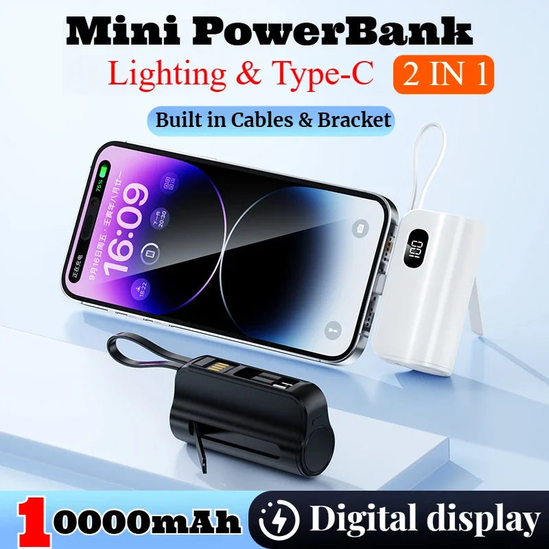 New 10000mAh Mini Power Bank Portable Charger Capsule PowerBank Built-in Cables Fast Charging External Battery for IPhone Xiaomi