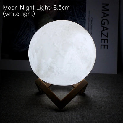 LED Night Light 3D Printing Moon Lamp 8cm Battery Powered with Bracket Starlight Bedroom Decorative Table Lamp