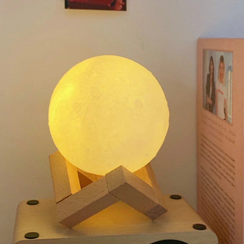 LED Night Light 3D Printing Moon Lamp 8cm Battery Powered with Bracket Starlight Bedroom Decorative Table Lamp