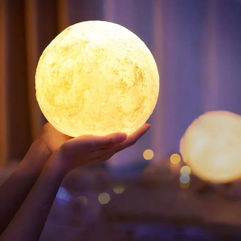 LED Night Light 3D Printing Moon Lamp 8cm Battery Powered with Bracket Starlight Bedroom Decorative Table Lamp