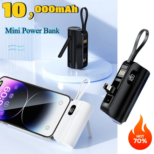 New 10000mAh Mini Power Bank Portable Charger Capsule PowerBank Built-in Cables Fast Charging External Battery for IPhone Xiaomi